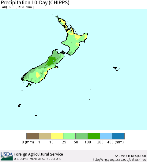 New Zealand Precipitation 10-Day (CHIRPS) Thematic Map For 8/6/2021 - 8/15/2021