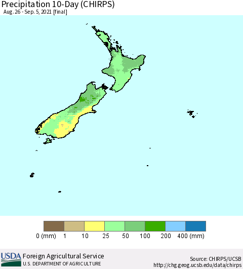 New Zealand Precipitation 10-Day (CHIRPS) Thematic Map For 8/26/2021 - 9/5/2021