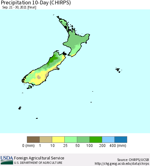 New Zealand Precipitation 10-Day (CHIRPS) Thematic Map For 9/21/2021 - 9/30/2021