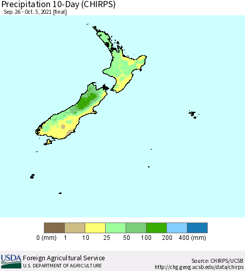 New Zealand Precipitation 10-Day (CHIRPS) Thematic Map For 9/26/2021 - 10/5/2021