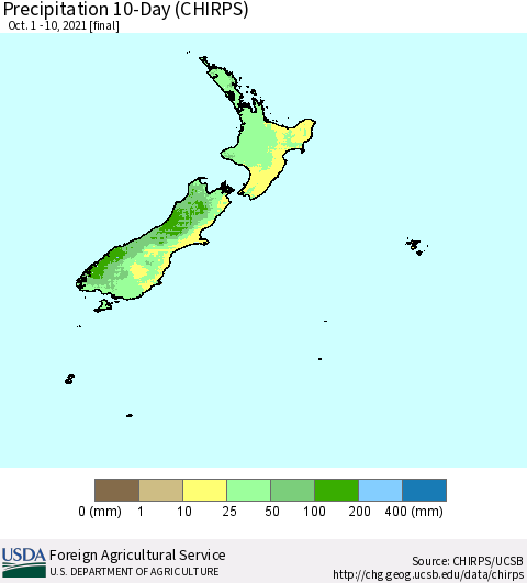 New Zealand Precipitation 10-Day (CHIRPS) Thematic Map For 10/1/2021 - 10/10/2021