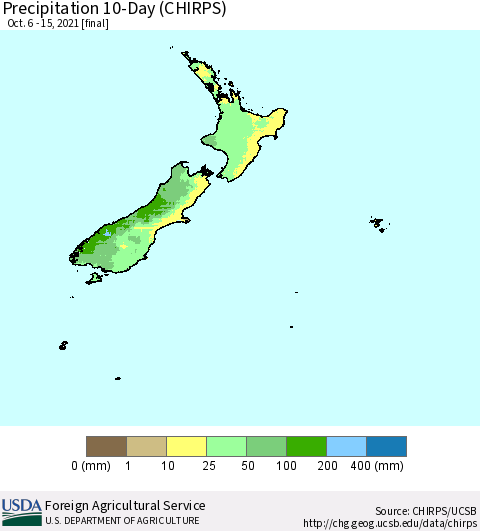 New Zealand Precipitation 10-Day (CHIRPS) Thematic Map For 10/6/2021 - 10/15/2021
