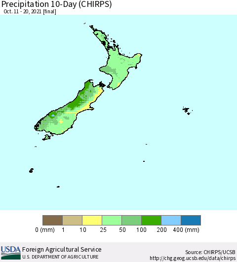 New Zealand Precipitation 10-Day (CHIRPS) Thematic Map For 10/11/2021 - 10/20/2021