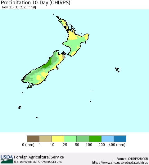 New Zealand Precipitation 10-Day (CHIRPS) Thematic Map For 11/21/2021 - 11/30/2021