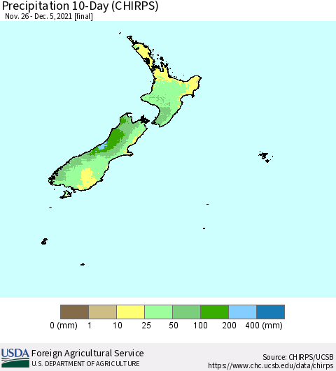 New Zealand Precipitation 10-Day (CHIRPS) Thematic Map For 11/26/2021 - 12/5/2021
