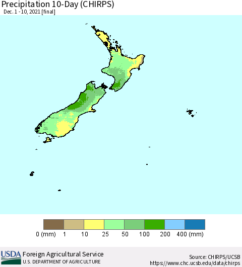 New Zealand Precipitation 10-Day (CHIRPS) Thematic Map For 12/1/2021 - 12/10/2021