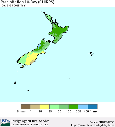 New Zealand Precipitation 10-Day (CHIRPS) Thematic Map For 12/6/2021 - 12/15/2021