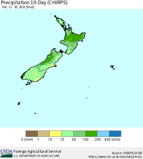 New Zealand Precipitation 10-Day (CHIRPS) Thematic Map For 12/11/2021 - 12/20/2021