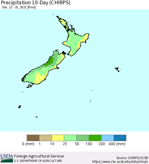 New Zealand Precipitation 10-Day (CHIRPS) Thematic Map For 12/21/2021 - 12/31/2021
