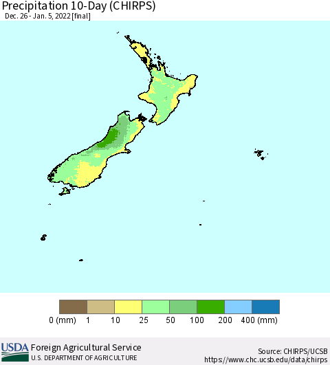 New Zealand Precipitation 10-Day (CHIRPS) Thematic Map For 12/26/2021 - 1/5/2022