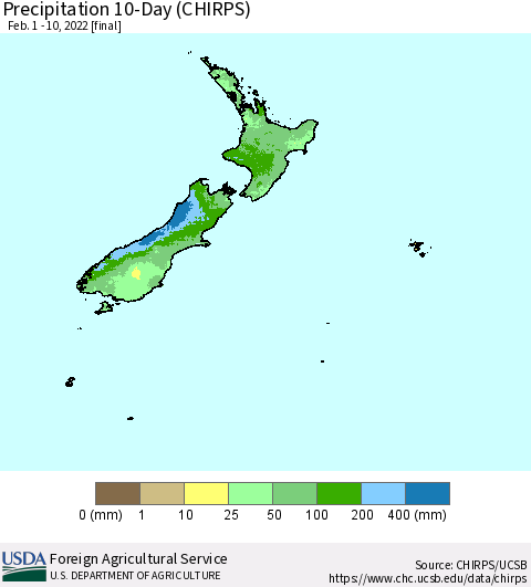 New Zealand Precipitation 10-Day (CHIRPS) Thematic Map For 2/1/2022 - 2/10/2022