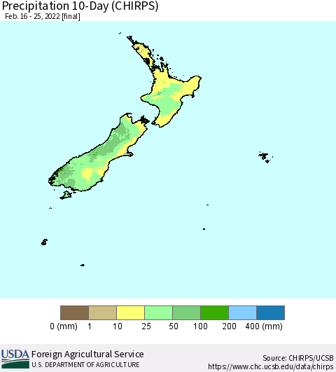 New Zealand Precipitation 10-Day (CHIRPS) Thematic Map For 2/16/2022 - 2/25/2022