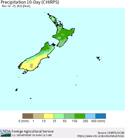 New Zealand Precipitation 10-Day (CHIRPS) Thematic Map For 3/16/2022 - 3/25/2022
