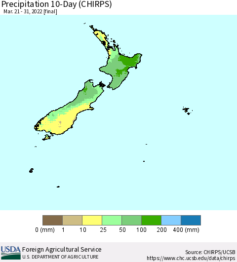 New Zealand Precipitation 10-Day (CHIRPS) Thematic Map For 3/21/2022 - 3/31/2022