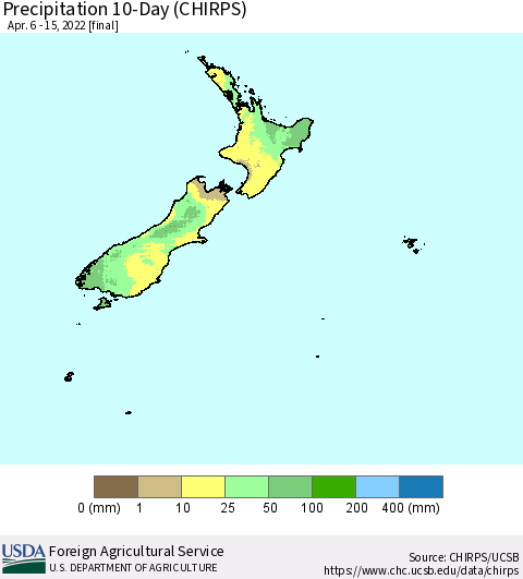 New Zealand Precipitation 10-Day (CHIRPS) Thematic Map For 4/6/2022 - 4/15/2022