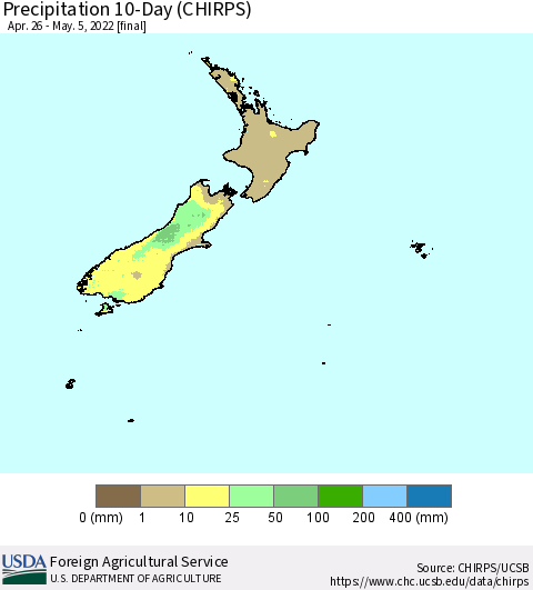 New Zealand Precipitation 10-Day (CHIRPS) Thematic Map For 4/26/2022 - 5/5/2022