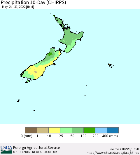 New Zealand Precipitation 10-Day (CHIRPS) Thematic Map For 5/21/2022 - 5/31/2022
