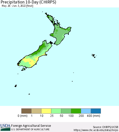 New Zealand Precipitation 10-Day (CHIRPS) Thematic Map For 5/26/2022 - 6/5/2022
