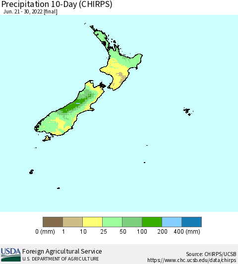 New Zealand Precipitation 10-Day (CHIRPS) Thematic Map For 6/21/2022 - 6/30/2022
