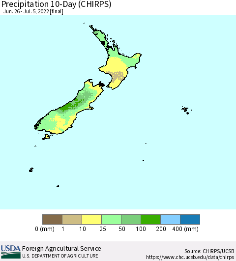 New Zealand Precipitation 10-Day (CHIRPS) Thematic Map For 6/26/2022 - 7/5/2022