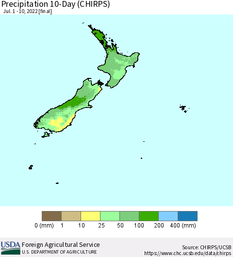 New Zealand Precipitation 10-Day (CHIRPS) Thematic Map For 7/1/2022 - 7/10/2022