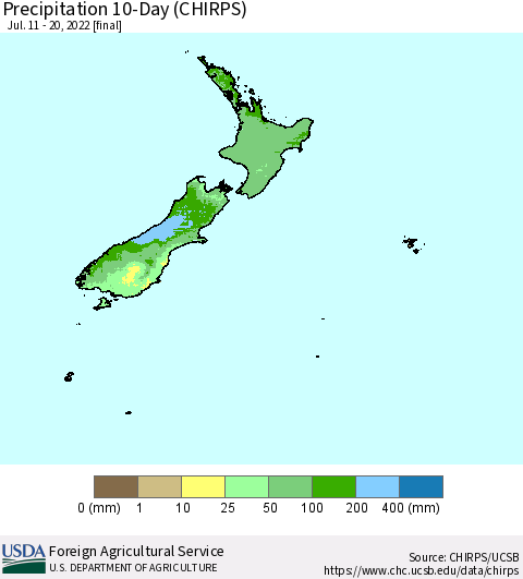 New Zealand Precipitation 10-Day (CHIRPS) Thematic Map For 7/11/2022 - 7/20/2022