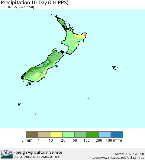 New Zealand Precipitation 10-Day (CHIRPS) Thematic Map For 7/16/2022 - 7/25/2022