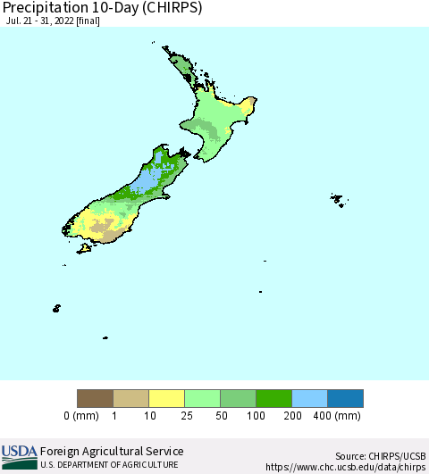 New Zealand Precipitation 10-Day (CHIRPS) Thematic Map For 7/21/2022 - 7/31/2022