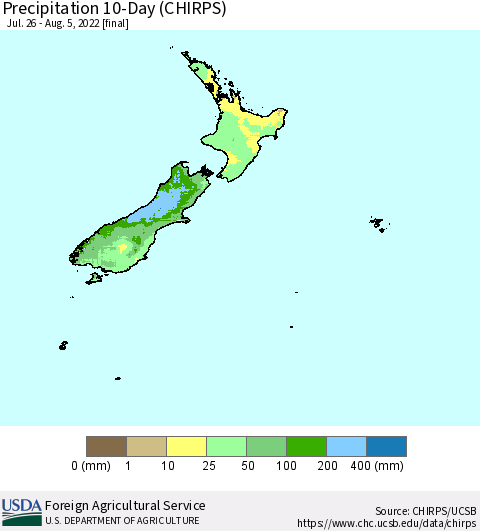 New Zealand Precipitation 10-Day (CHIRPS) Thematic Map For 7/26/2022 - 8/5/2022