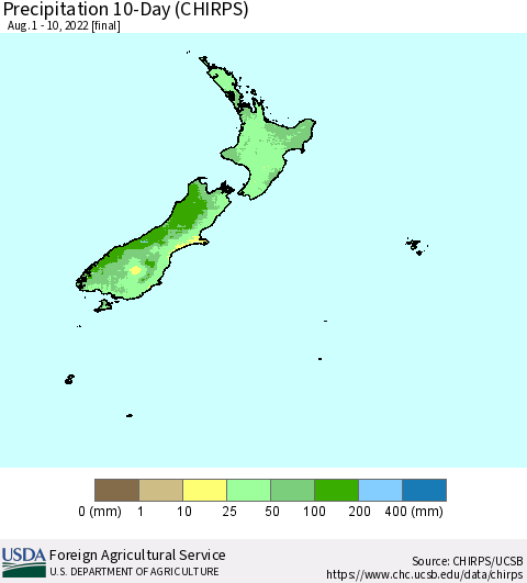 New Zealand Precipitation 10-Day (CHIRPS) Thematic Map For 8/1/2022 - 8/10/2022