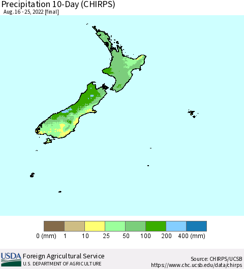 New Zealand Precipitation 10-Day (CHIRPS) Thematic Map For 8/16/2022 - 8/25/2022