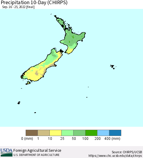 New Zealand Precipitation 10-Day (CHIRPS) Thematic Map For 9/16/2022 - 9/25/2022