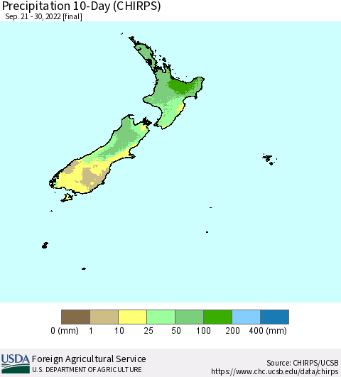 New Zealand Precipitation 10-Day (CHIRPS) Thematic Map For 9/21/2022 - 9/30/2022
