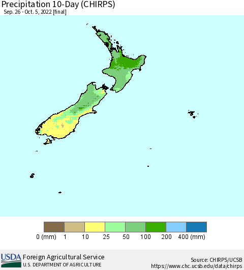 New Zealand Precipitation 10-Day (CHIRPS) Thematic Map For 9/26/2022 - 10/5/2022
