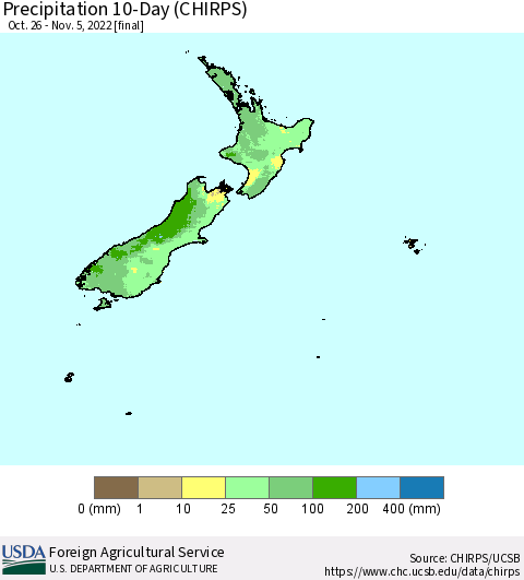 New Zealand Precipitation 10-Day (CHIRPS) Thematic Map For 10/26/2022 - 11/5/2022