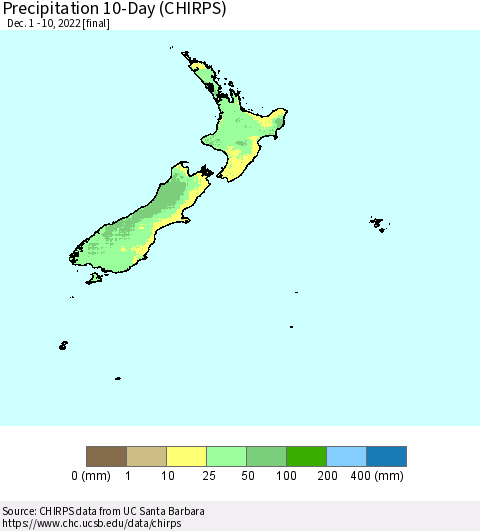 New Zealand Precipitation 10-Day (CHIRPS) Thematic Map For 12/1/2022 - 12/10/2022