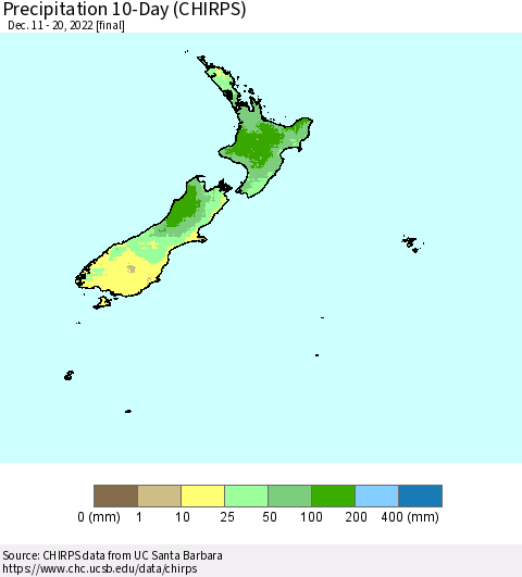 New Zealand Precipitation 10-Day (CHIRPS) Thematic Map For 12/11/2022 - 12/20/2022