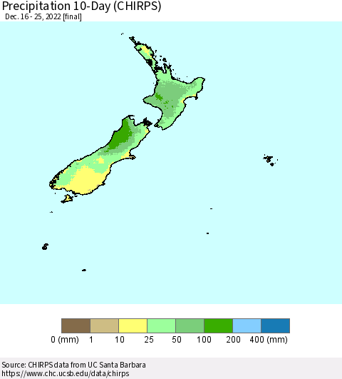 New Zealand Precipitation 10-Day (CHIRPS) Thematic Map For 12/16/2022 - 12/25/2022