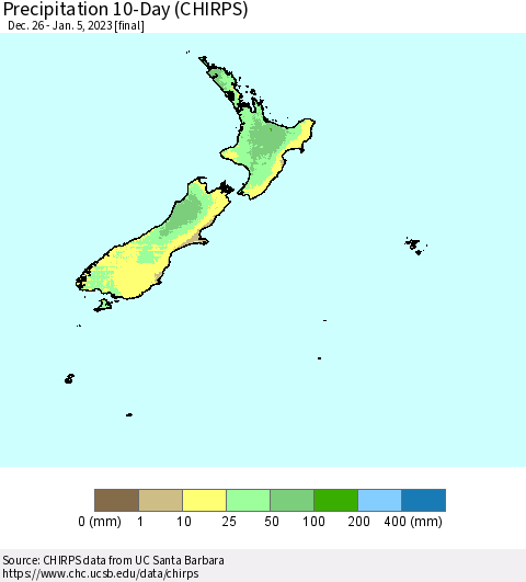 New Zealand Precipitation 10-Day (CHIRPS) Thematic Map For 12/26/2022 - 1/5/2023