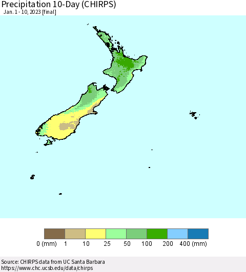 New Zealand Precipitation 10-Day (CHIRPS) Thematic Map For 1/1/2023 - 1/10/2023