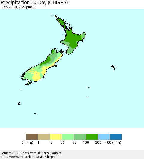 New Zealand Precipitation 10-Day (CHIRPS) Thematic Map For 1/21/2023 - 1/31/2023