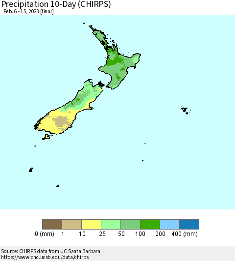 New Zealand Precipitation 10-Day (CHIRPS) Thematic Map For 2/6/2023 - 2/15/2023