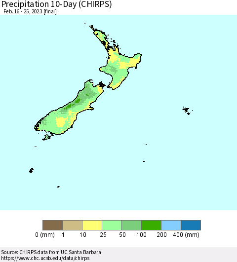 New Zealand Precipitation 10-Day (CHIRPS) Thematic Map For 2/16/2023 - 2/25/2023