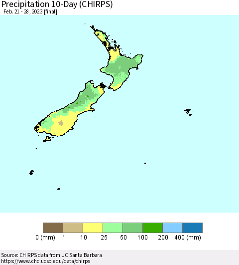 New Zealand Precipitation 10-Day (CHIRPS) Thematic Map For 2/21/2023 - 2/28/2023