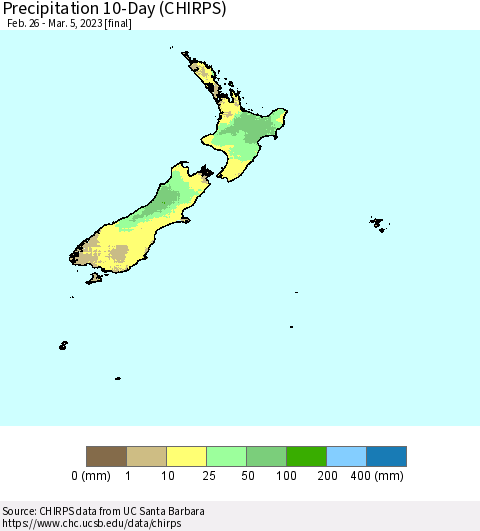 New Zealand Precipitation 10-Day (CHIRPS) Thematic Map For 2/26/2023 - 3/5/2023