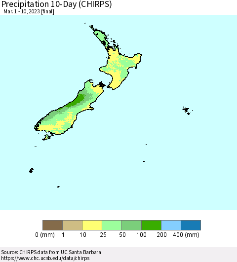 New Zealand Precipitation 10-Day (CHIRPS) Thematic Map For 3/1/2023 - 3/10/2023