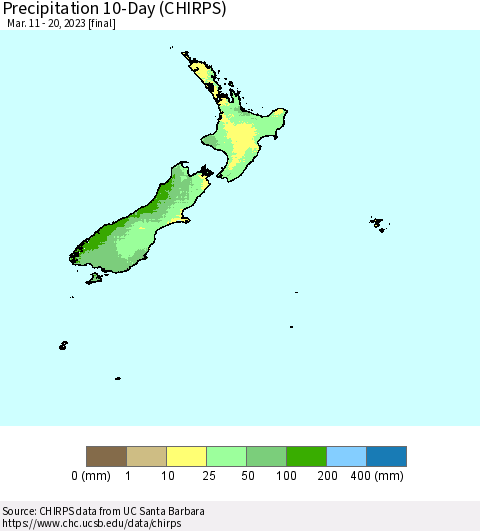 New Zealand Precipitation 10-Day (CHIRPS) Thematic Map For 3/11/2023 - 3/20/2023