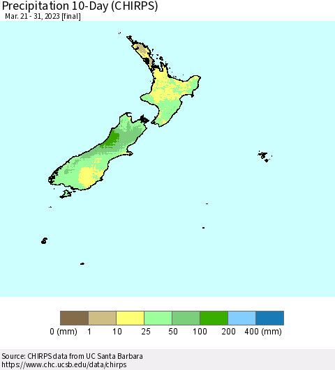 New Zealand Precipitation 10-Day (CHIRPS) Thematic Map For 3/21/2023 - 3/31/2023