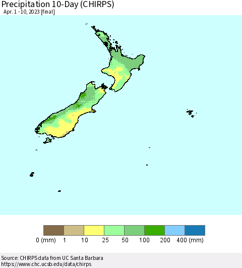 New Zealand Precipitation 10-Day (CHIRPS) Thematic Map For 4/1/2023 - 4/10/2023