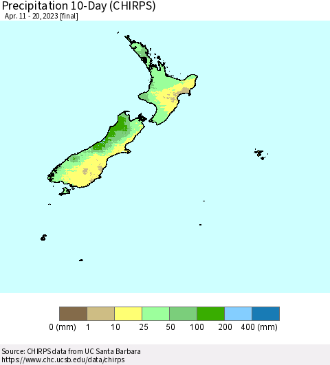 New Zealand Precipitation 10-Day (CHIRPS) Thematic Map For 4/11/2023 - 4/20/2023